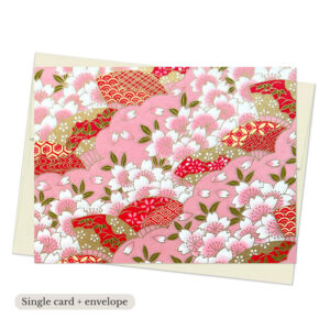 Tsukiko Pink Washi Note Card with layered sakura blossoms and flowing scalloped patterns in soft pink and red tones with gold accents