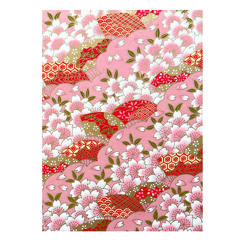 Tsukiko Pink washi pattern with layered sakura blossoms and flowing scalloped patterns in soft pink and red tones with gold accents