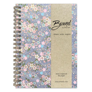 Yuka Gray Washi Notebook with scattered sakura blossoms in pink, blue, and cream on soft gray background