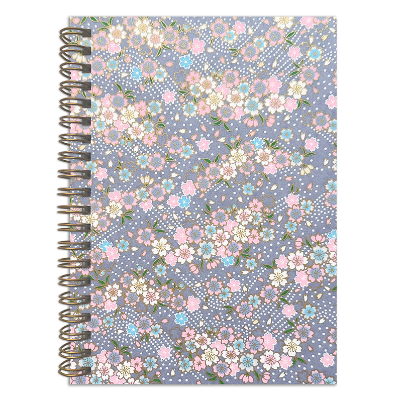 Yuka Gray washi notebook cover with scattered sakura blossoms in pink, blue, and cream on soft gray background