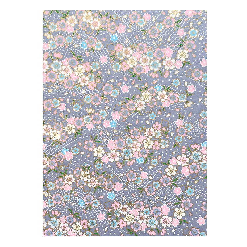 Yuka Gray washi pattern with scattered sakura blossoms in pink, blue, and cream on soft gray background with subtle gold accents