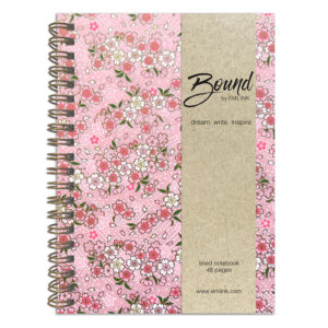 Yuka Pink Washi Notebook with scattered sakura blossoms in pink, blue, and cream on soft blush pink background