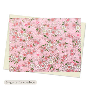 Yuka Pink Washi Note Card with scattered sakura blossoms in pink, blue, and cream on soft blush pink background with subtle gold accents