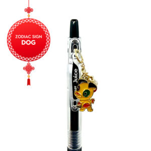 Close-up side view of Dog zodiac charm pen by love MIREI with enamel dog charm and coordinating bead accents