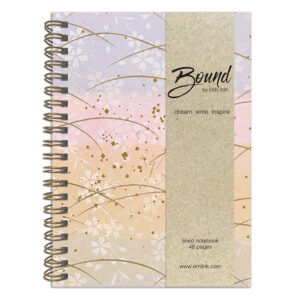 Japanese washi notebook featuring pastel lavender, blush pink, and beige tones with sakura silhouettes, flowing gold lines, metallic accents, kraft belly band, and bronze wire binding by Emi Ink