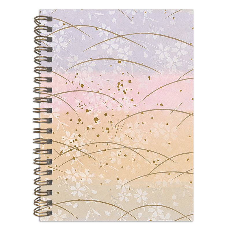 Close-up of Kasumi Pastel Japanese washi notebook featuring pastel lavender, blush pink, and beige sakura pattern with flowing gold lines and metallic accents by Emi Ink