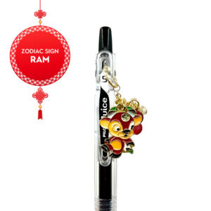 Close-up side view of Ram zodiac charm pen by love MIREI with enamel ram charm and coordinating bead accents
