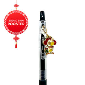 Close-up side view of Rooster zodiac charm pen by love MIREI with enamel rooster charm and coordinating bead accents