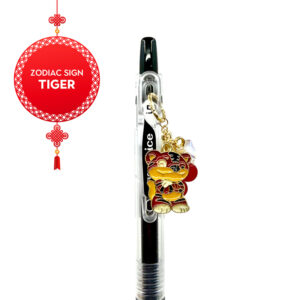 Close-up side view of Tiger zodiac charm pen by love MIREI with enamel tiger charm and coordinating bead accents