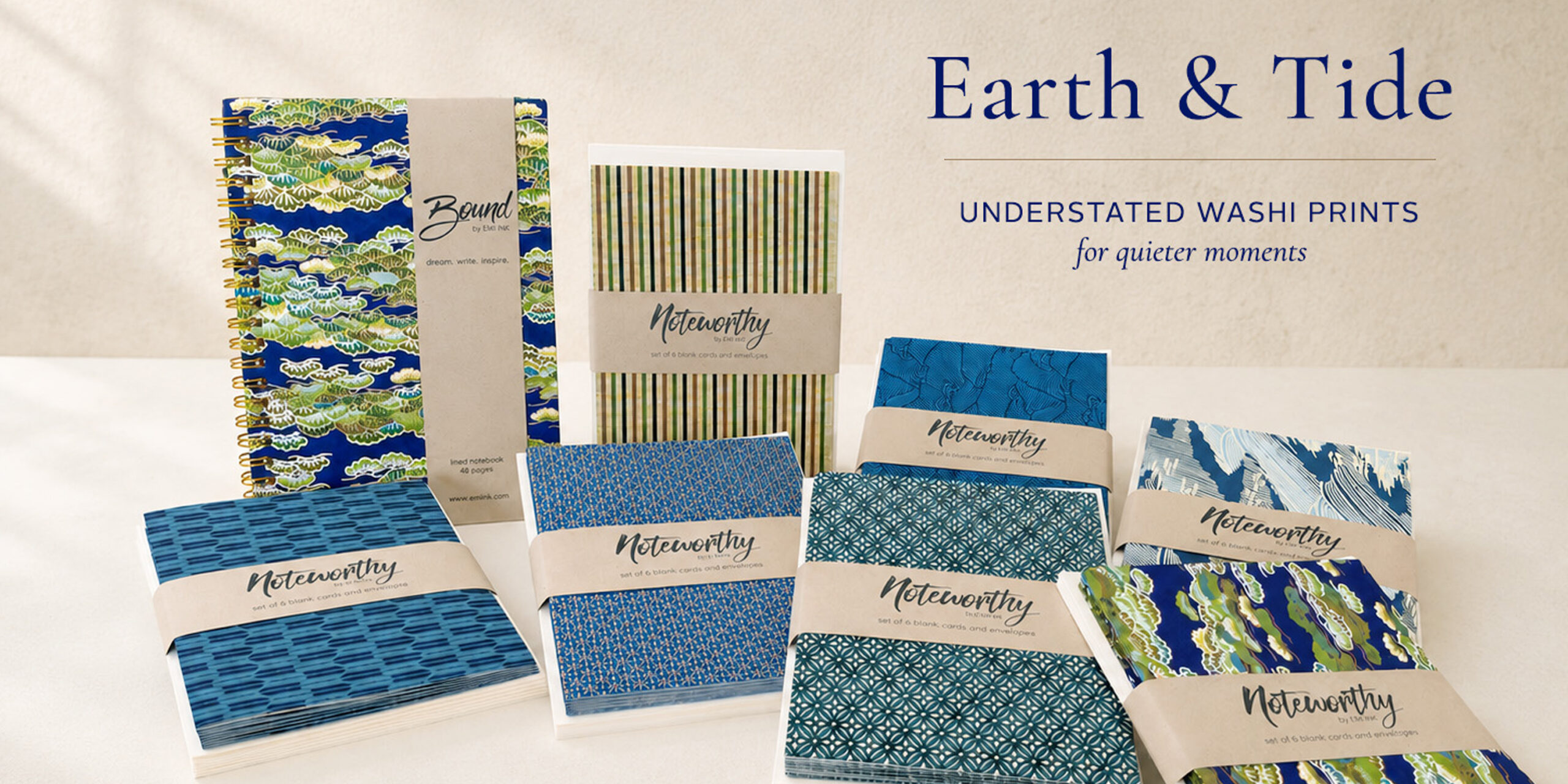 Earth & Tide collection featuring understated Japanese washi note card sets and a limited Matsukaze washi notebook in blue, green, cream, and gold patterns.