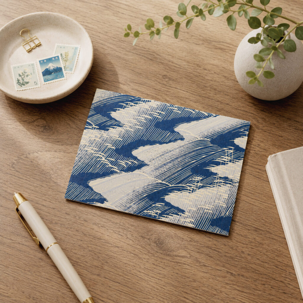 Arami washi note card with cream abstract wave linework on deep blue
