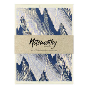 Arami Japanese washi note card set with deep blue and cream abstract wave chiyogami pattern and natural paper belly band