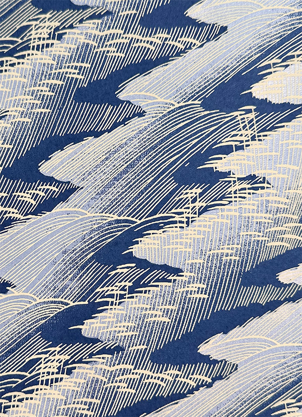 Arami Japanese chiyogami pattern with deep blue background, cream abstract wave shapes, fine hatched linework, and soft metallic accents