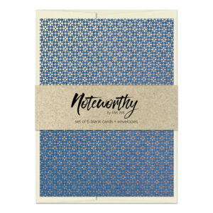Hoshikage Japanese washi note card set with blue and metallic gold geometric chiyogami pattern and natural paper belly band