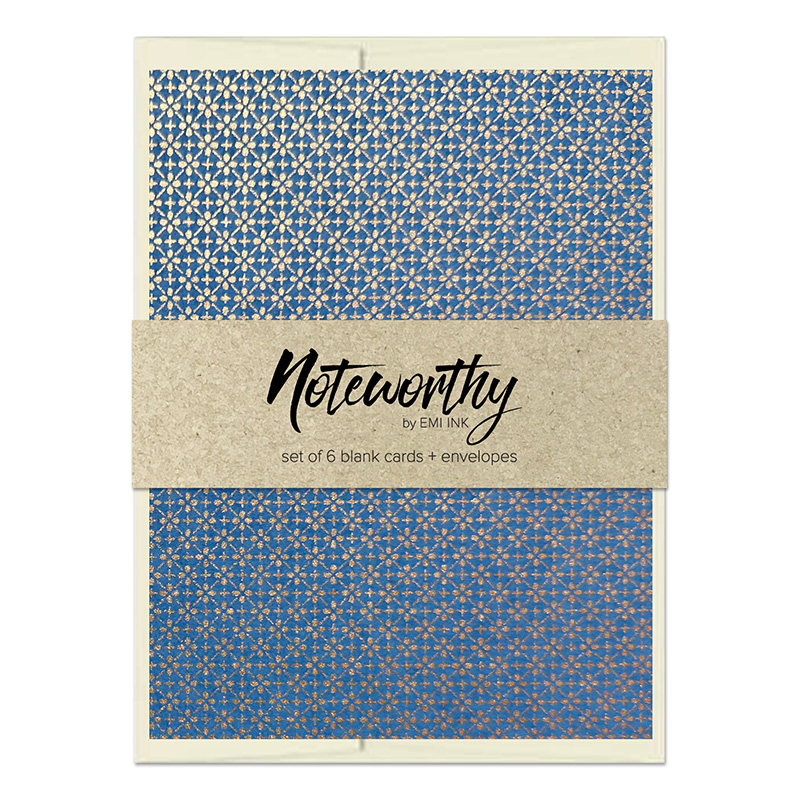 hoshikage_washinotecardset_ccn Hoshikage Japanese washi note card set with blue and metallic gold geometric chiyogami pattern and natural paper belly band