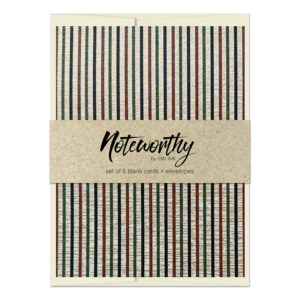 Kōshi Mori Japanese washi note card set with earthy green, brown, black, and cream stripe chiyogami pattern and natural paper belly band