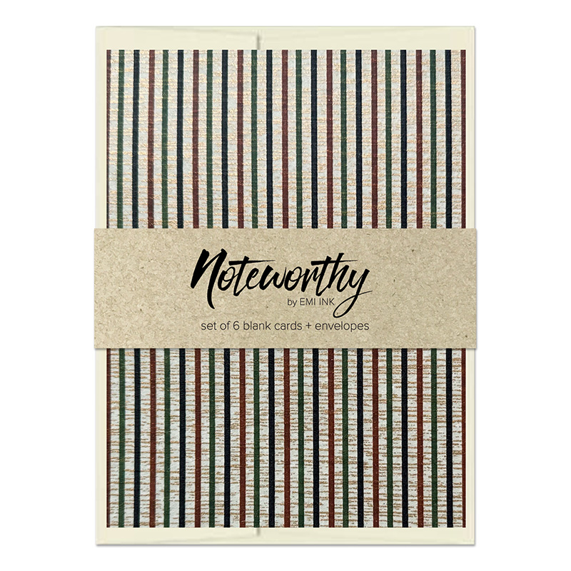 koshimori_washinotecardset_ccn Kōshi Mori Japanese washi note card set with earthy green, brown, black, and cream stripe chiyogami pattern and natural paper belly band