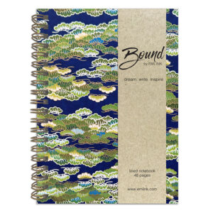 Matsukaze Japanese washi notebook with green pine pattern on deep navy chiyogami and natural paper belly band