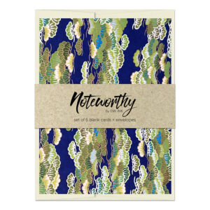 Matsukaze Japanese washi note card set with green pine pattern on deep navy chiyogami and natural paper belly band