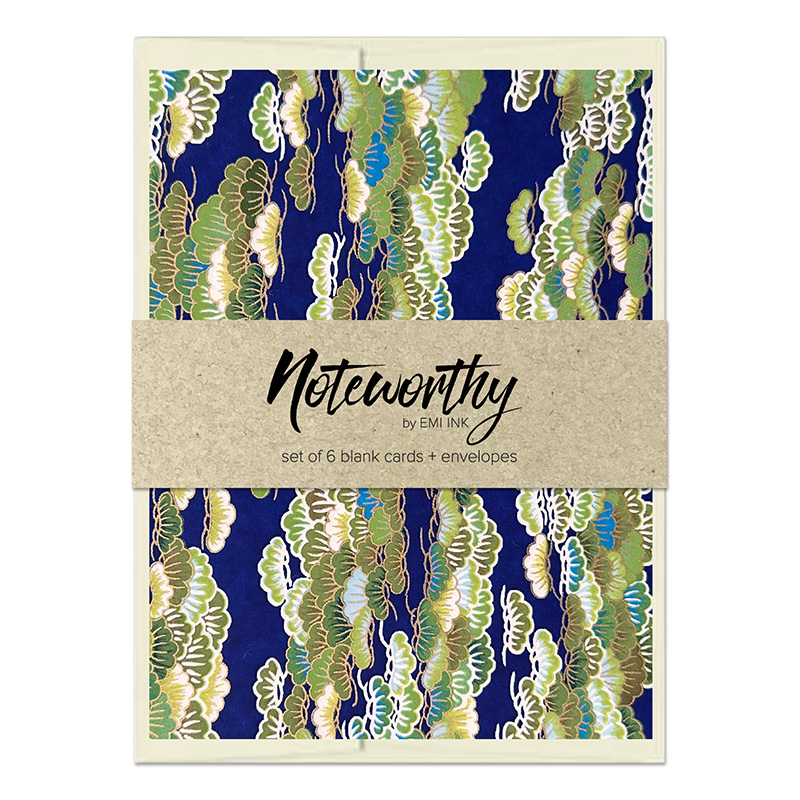 matsukaze_washinotecardset_ccn Matsukaze Japanese washi note card set with green pine pattern on deep navy chiyogami and natural paper belly band