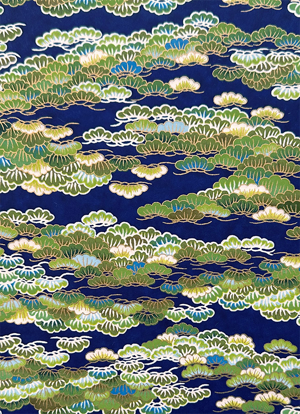 matsukaze_washipattern Matsukaze Japanese chiyogami pattern with layered green pine branches, white accents, metallic gold details, and deep navy background