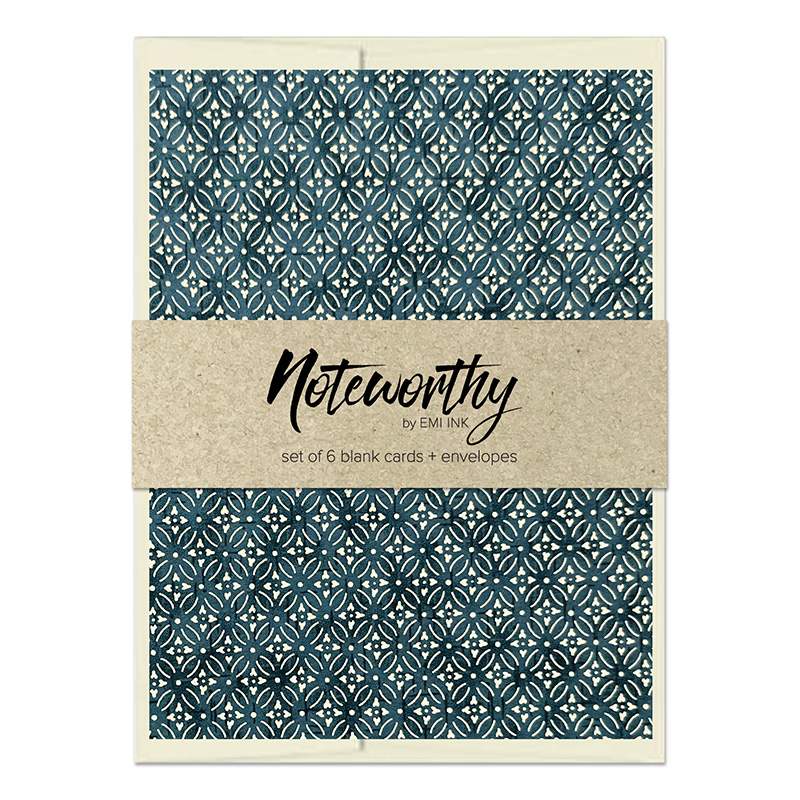 shippoyoru_washinotecardset_ccn Shippō Yoru Japanese washi note card set with dark indigo seven treasures chiyogami pattern and natural paper belly band