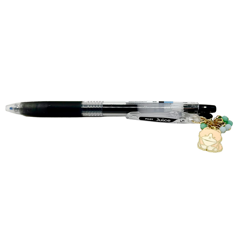 Full view of Sweet Pup Charm Pen, a black Pilot Juice gel pen with enamel dog charm and blue bead accents