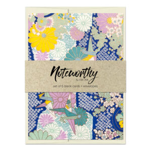 Tsuru & Bloom Cobalt washi note card set with kraft paper band, featuring cobalt blue Japanese chiyogami with cranes, kiku flowers, mint, lavender, aqua, yellow, and gold accents.