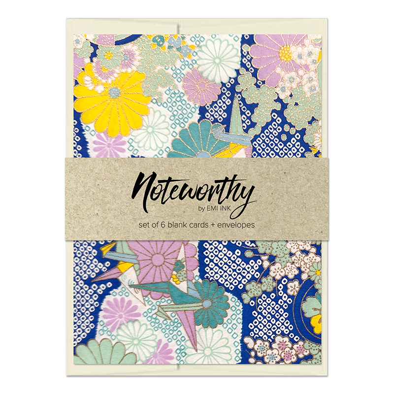 Tsuru & Bloom Cobalt washi note card set with kraft paper band, featuring cobalt blue Japanese chiyogami with cranes, kiku flowers, mint, lavender, aqua, yellow, and gold accents.