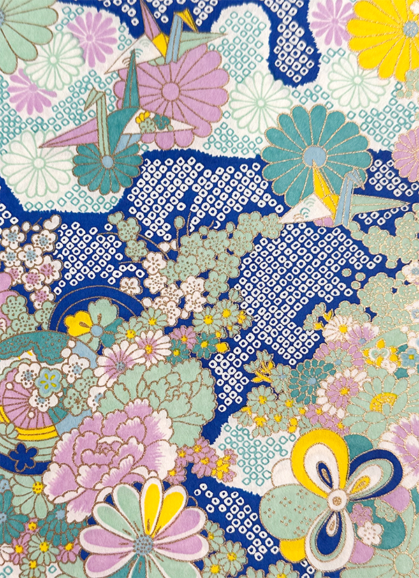 Cobalt blue Japanese chiyogami pattern with cranes, kiku flowers, mint and lavender blooms, aqua details, yellow accents, and metallic gold.