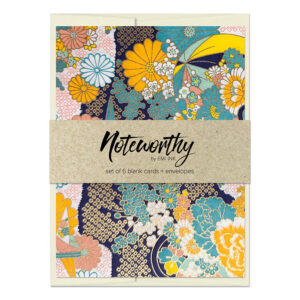 Tsuru & Bloom Navy washi note card set with kraft paper band, featuring navy Japanese chiyogami with cranes, kiku flowers, teal, peach, yellow, and gold accents.