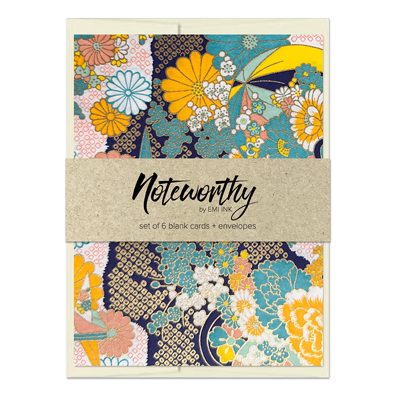 Tsuru & Bloom Navy washi note card set with kraft paper band, featuring navy Japanese chiyogami with cranes, kiku flowers, teal, peach, yellow, and gold accents.