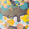 Navy Japanese chiyogami pattern with cranes, kiku flowers, teal and yellow blooms, peach accents, and metallic gold details.