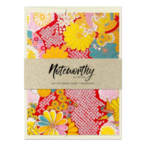 Tsuru & Bloom Red washi note card set with kraft paper band, featuring red Japanese chiyogami with cranes, kiku flowers, pink, yellow, white, and gold accents.