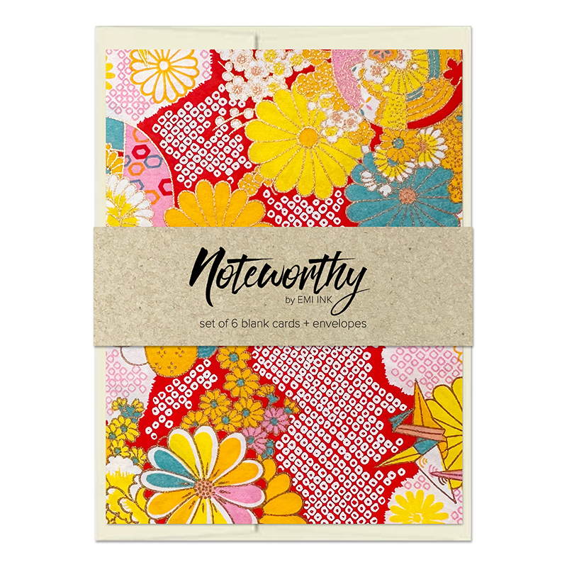 Tsuru & Bloom Red washi note card set with kraft paper band, featuring red Japanese chiyogami with cranes, kiku flowers, pink, yellow, white, and gold accents.