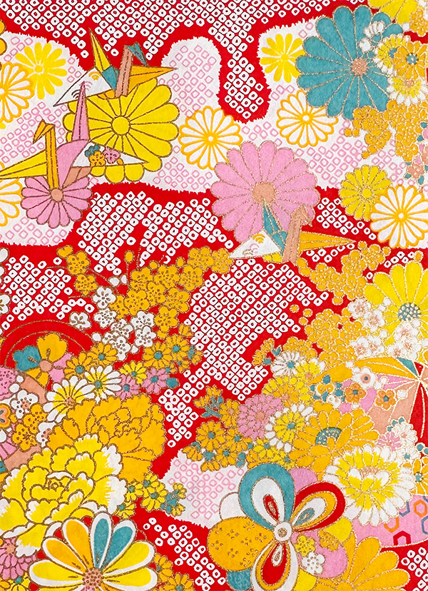 Red Japanese chiyogami pattern with cranes, kiku flowers, bright yellow blooms, pink accents, white details, and metallic gold.