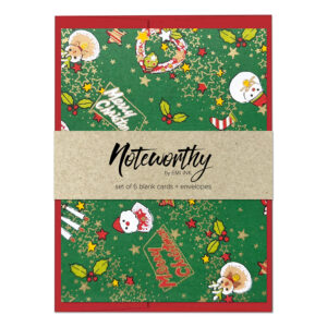 Christmas Green Japanese washi note card set with colorful holiday motifs and red envelopes