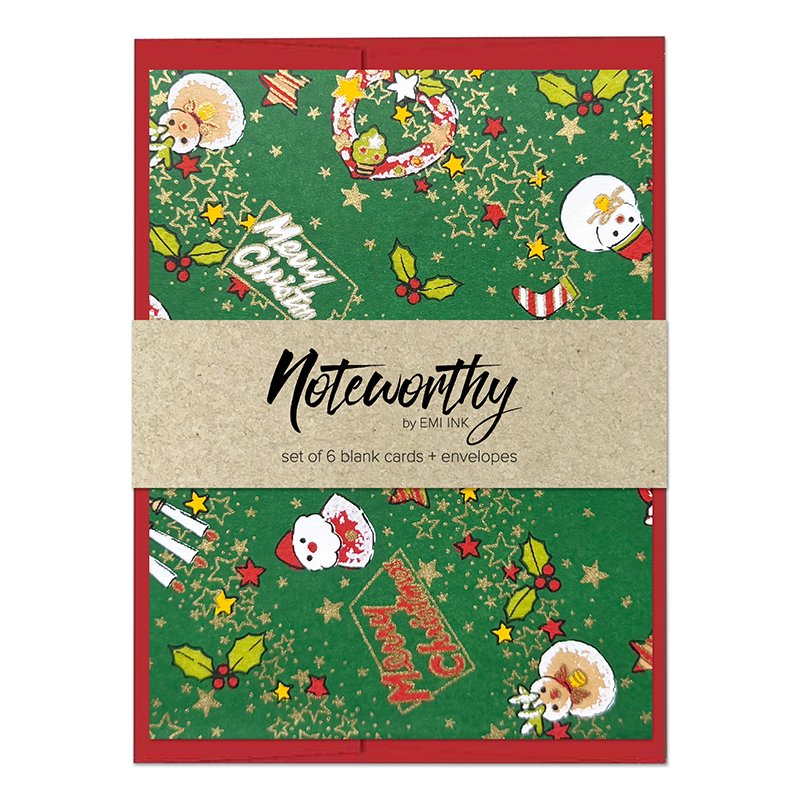 Christmas Green Japanese washi note card set with colorful holiday motifs and red envelopes