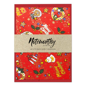 Christmas Red Japanese washi note card set with colorful holiday motifs and red envelopes