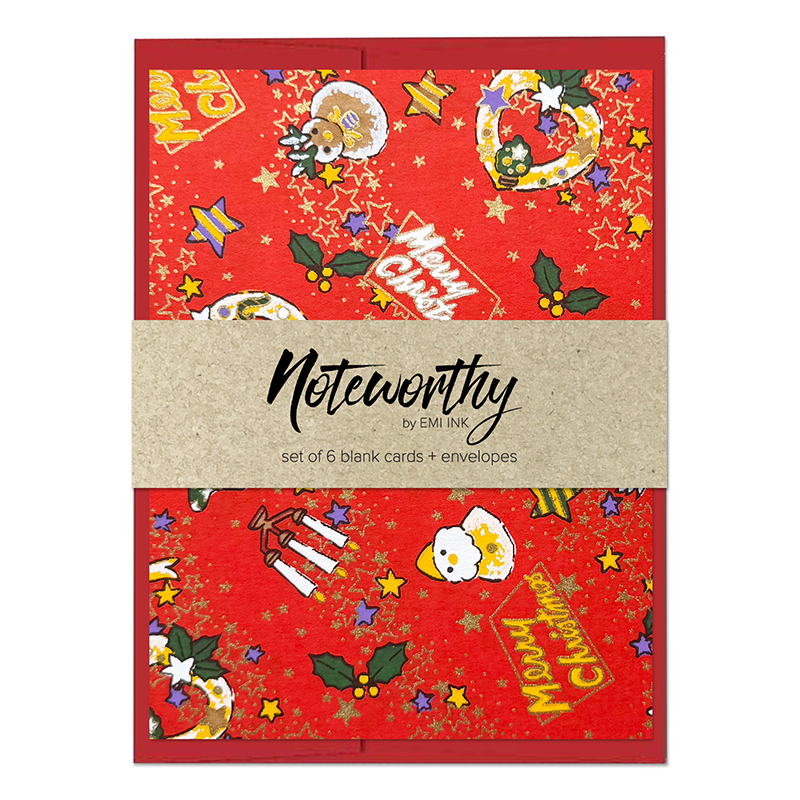 Christmas Red Japanese washi note card set with colorful holiday motifs and red envelopes
